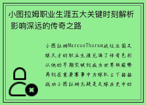 小图拉姆职业生涯五大关键时刻解析 影响深远的传奇之路