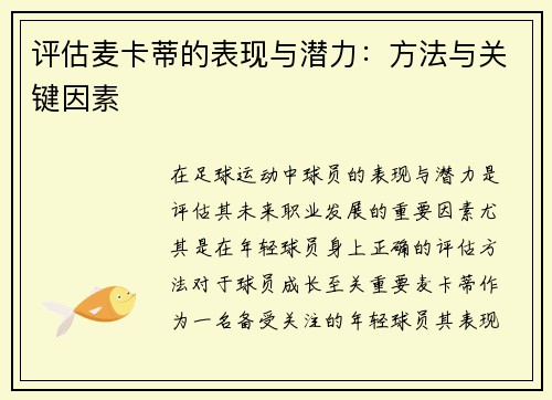 评估麦卡蒂的表现与潜力：方法与关键因素